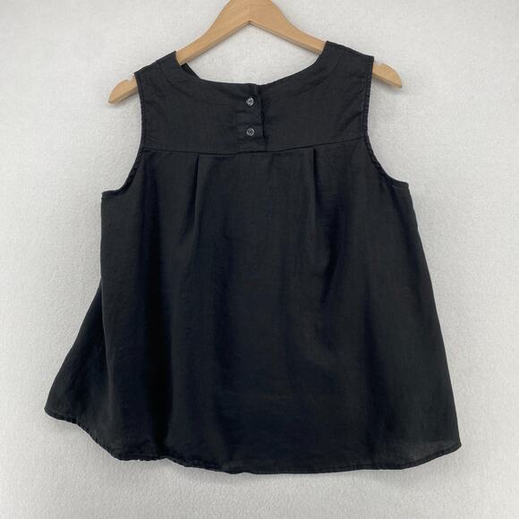 LINEN Blouse Womens M Swing Tank Top Round Neck Sleeveless Black - Picture 3 of 11